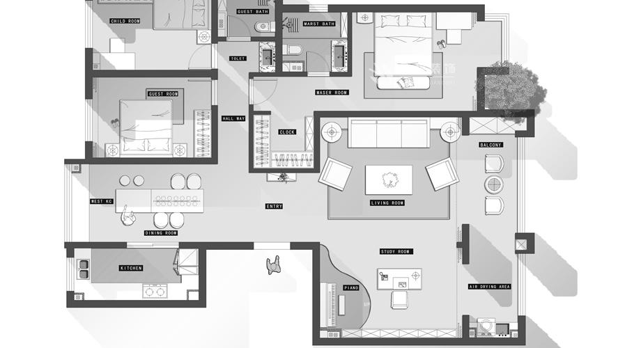 华清学府城四居室167平米现代简约风格平面布局图